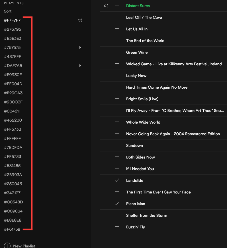 Using hexadecimal color codes to label my playlists in Spotify.